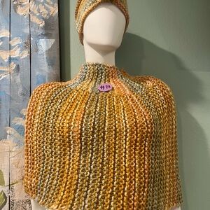 Handmade Multicolor Knit Cape and Headband Set